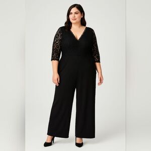 New Simply Be Black Lace Overlay Jumpsuit Plus Size 20 V-Neck Wide Leg Whimsical
